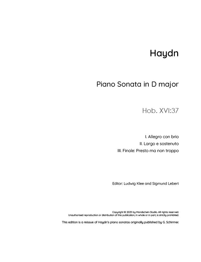 Haydn - Sonata in D major, Hob. XVI:37 (PDF Sheet Music / Digital Download)
