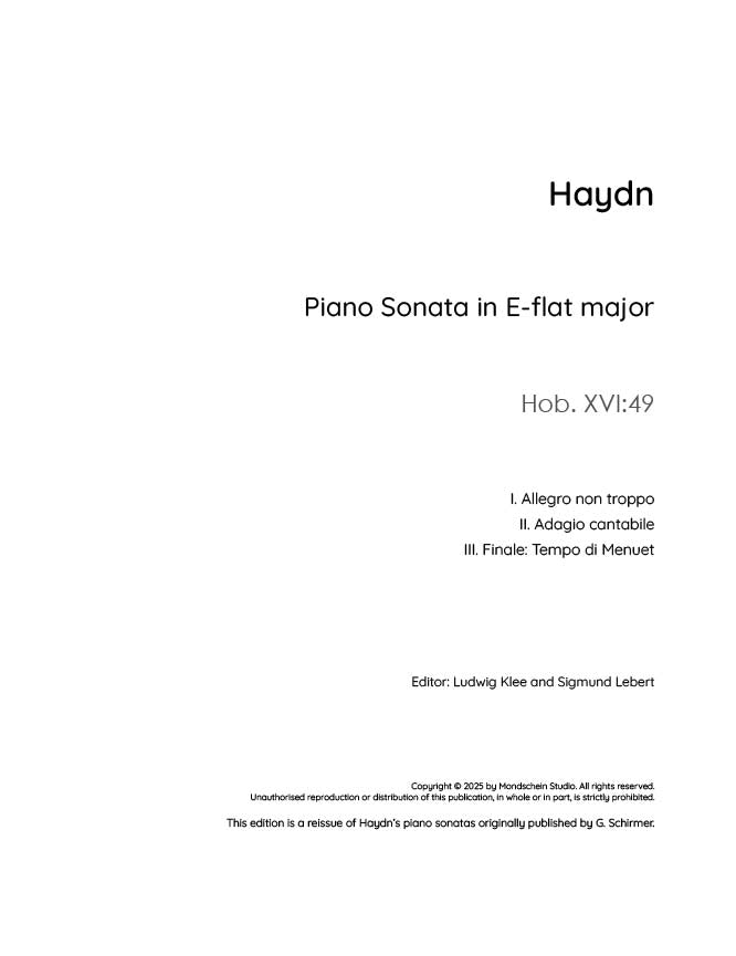 Haydn - Sonata in E-flat major, Hob. XVI:49 (PDF Sheet Music / Digital Download)