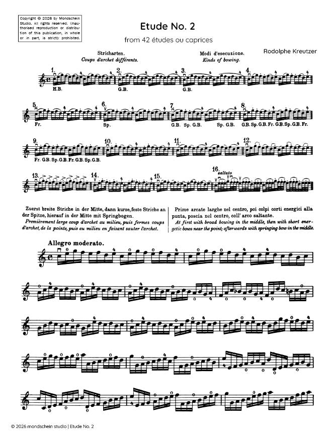 Kreutzer - Etude, No. 2 from 42 études ou caprices (PDF Sheet Music / Digital Download)