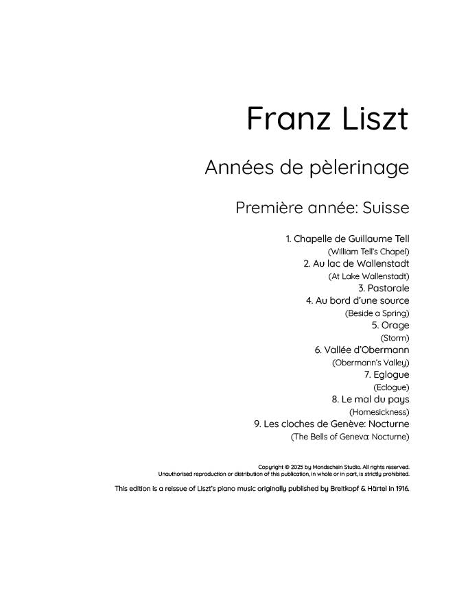 Liszt - Années de pèlerinage - Première année: Suisse (PDF Sheet Music / Digital Download)