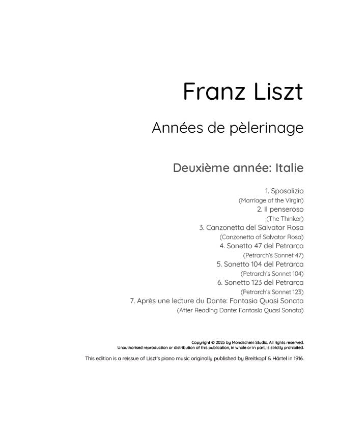 Liszt - Années de pèlerinage - Deuxième année: Italie (PDF Sheet Music / Digital Download)