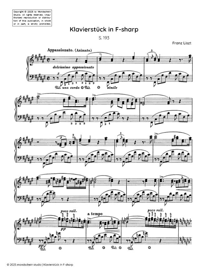 Liszt - Klavierstück in F-sharp, S.193 (PDF Sheet Music / Digital Download)