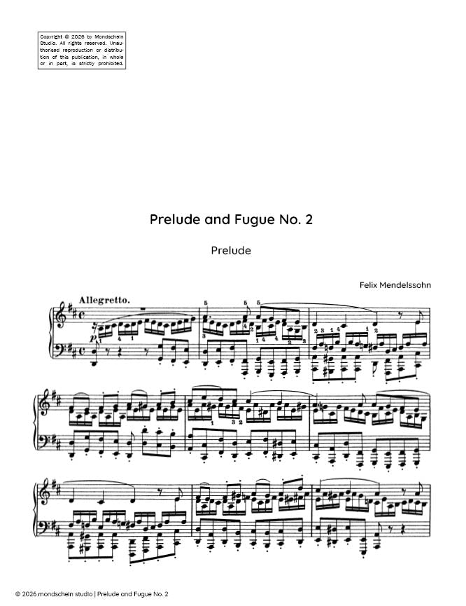 Mendelssohn - Prelude and Fugue in D major, Op. 35 No. 2 (PDF Sheet Music / Digital Download)