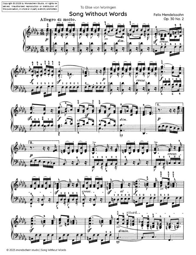 Mendelssohn - Song Without Words (Lieder ohne Worte), Op. 30 No. 2 (PDF Sheet Music / Digital Download)