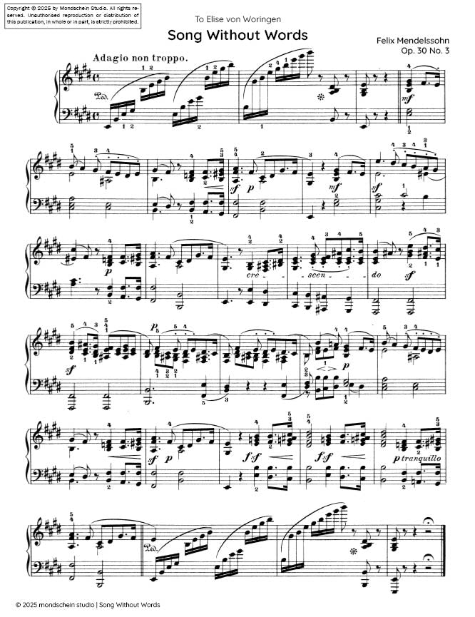 Mendelssohn - Song Without Words (Lieder ohne Worte), Op. 30 No. 3 (PDF Sheet Music / Digital Download)