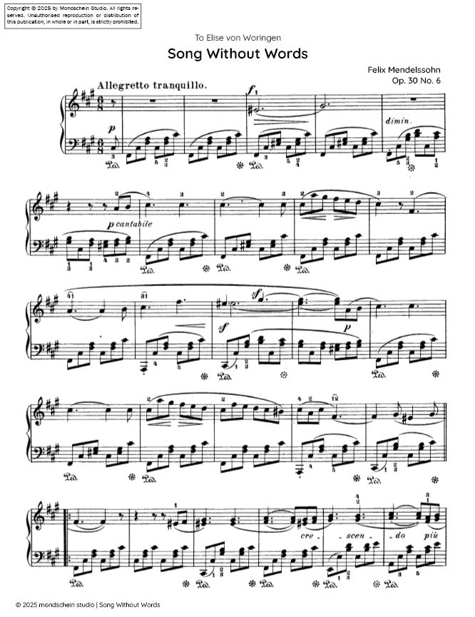 Mendelssohn - Song Without Words (Lieder ohne Worte), Op. 30 No. 6 “Venetian Boat Song No. 2" (PDF Sheet Music / Digital Download)