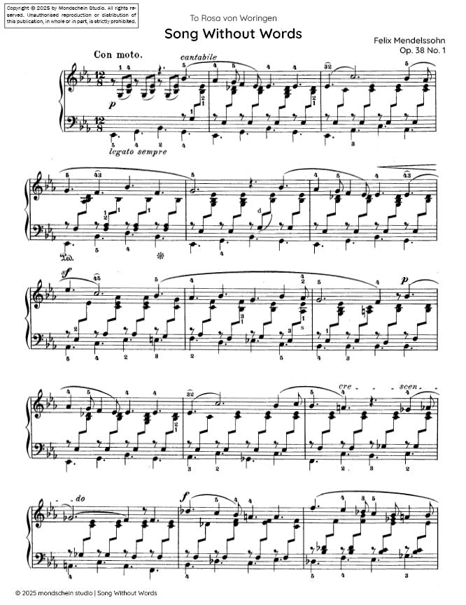 Mendelssohn - Song Without Words (Lieder ohne Worte), Op. 38 No. 1 (PDF Sheet Music / Digital Download)