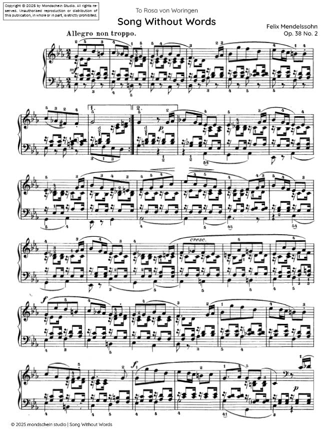 Mendelssohn - Song Without Words (Lieder ohne Worte), Op. 38 No. 2 (PDF Sheet Music / Digital Download)