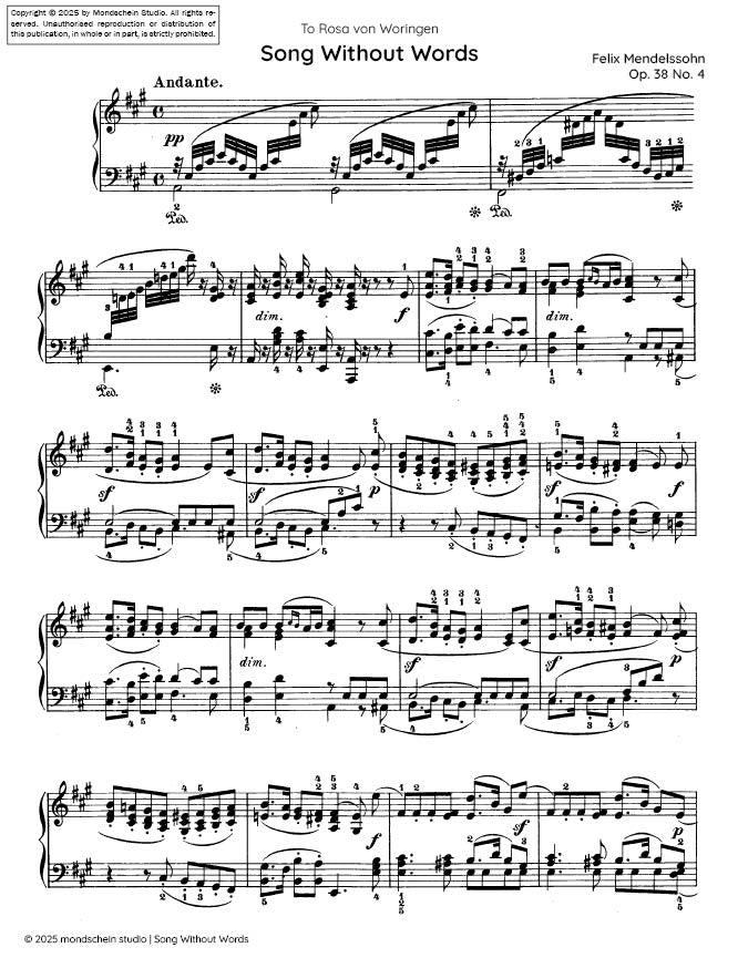 Mendelssohn - Song Without Words (Lieder ohne Worte), Op. 38 No. 4 (PDF Sheet Music / Digital Download)