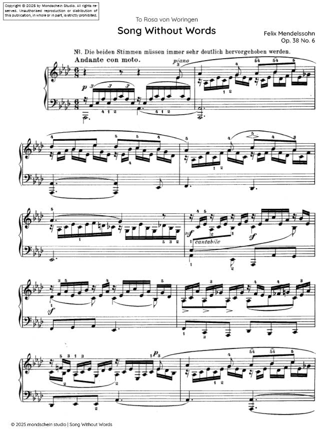 Mendelssohn - Song Without Words (Lieder ohne Worte), Op. 38 No. 6 (PDF Sheet Music / Digital Download)