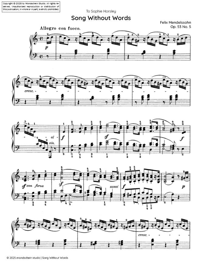 Mendelssohn - Song Without Words (Lieder ohne Worte), Op. 53 No. 5 (PDF Sheet Music / Digital Download)