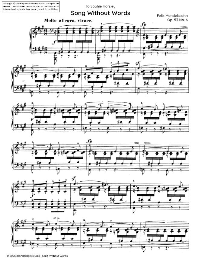 Mendelssohn - Song Without Words (Lieder ohne Worte), Op. 53 No. 6 (PDF Sheet Music / Digital Download)