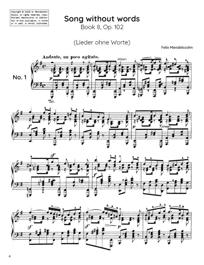 Mendelssohn - Song Without Words (Lieder ohne Worte) Book 8, Op. 102 (PDF Sheet Music / Digital Download)