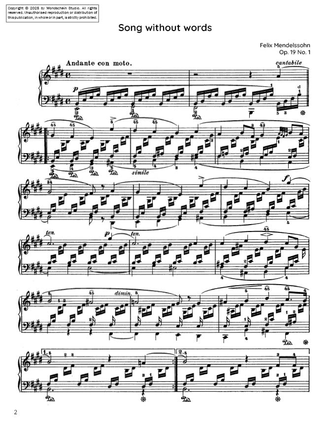 Mendelssohn - Song Without Words (Lieder ohne Worte), Op. 19 No. 1 (PDF Sheet Music / Digital Download)