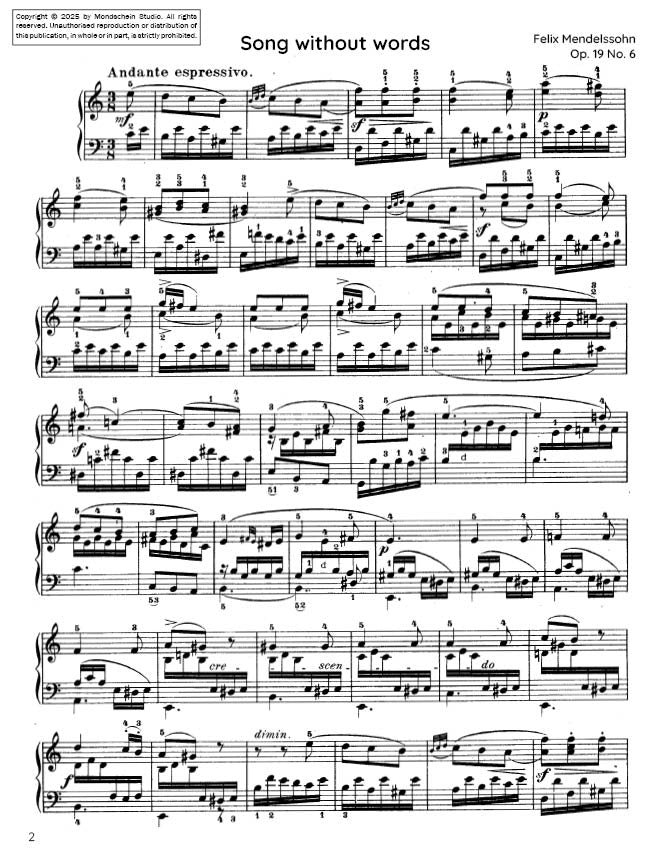 Mendelssohn - Song Without Words (Lieder ohne Worte), Op. 19 No. 2 (PDF Sheet Music / Digital Download)