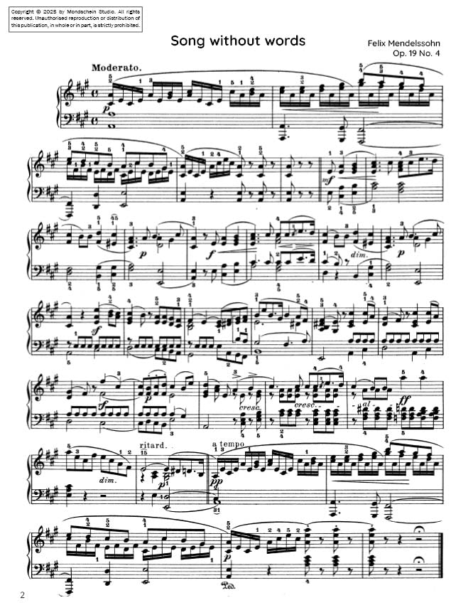 Mendelssohn - Song Without Words (Lieder ohne Worte), Op. 19 No. 4 (PDF Sheet Music / Digital Download)