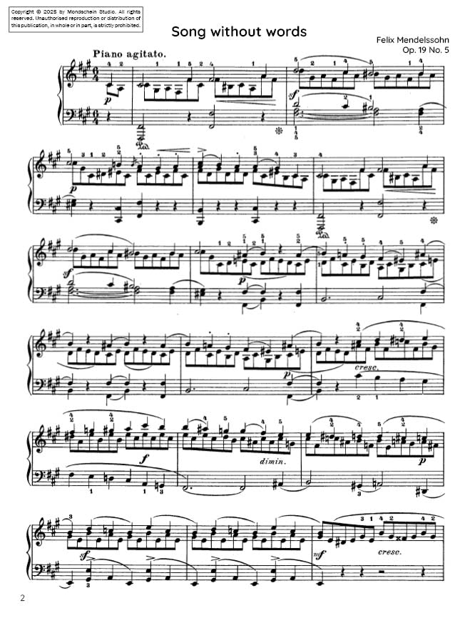 Mendelssohn - Song Without Words (Lieder ohne Worte), Op. 19 No. 5 (PDF Sheet Music / Digital Download)