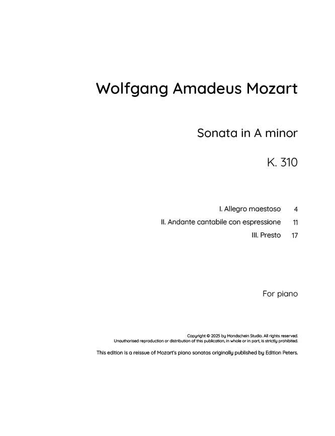 Mozart - Piano Sonata No. 8 in A minor, K310 (PDF Sheet Music / Digital Download)
