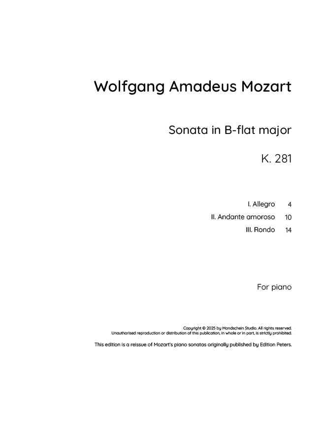 Mozart - Piano Sonata No. 3 in B-flat major, K281 (PDF Sheet Music / Digital Download)