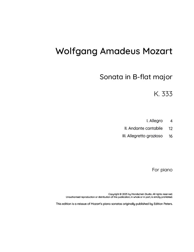 Mozart - Piano Sonata No. 13 in B-flat major, K333 (PDF Sheet Music / Digital Download)