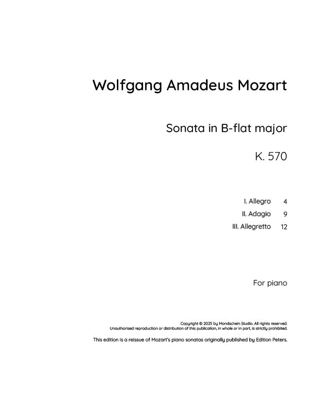 Mozart - Piano Sonata No. 17 in B-flat major, K570 (PDF Sheet Music / Digital Download)