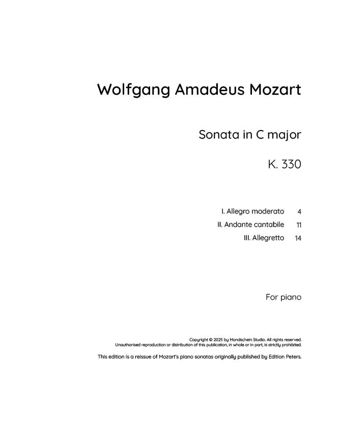 Mozart - Piano Sonata No. 10 in C major, K330 (PDF Sheet Music / Digital Download)