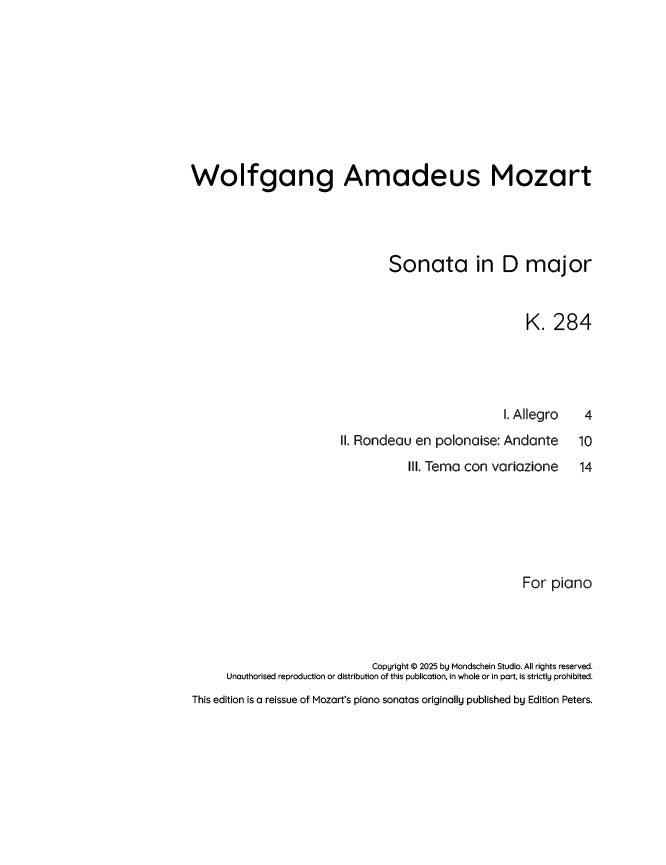 Mozart - Piano Sonata in D major, K284 (PDF Sheet Music / Digital Download)