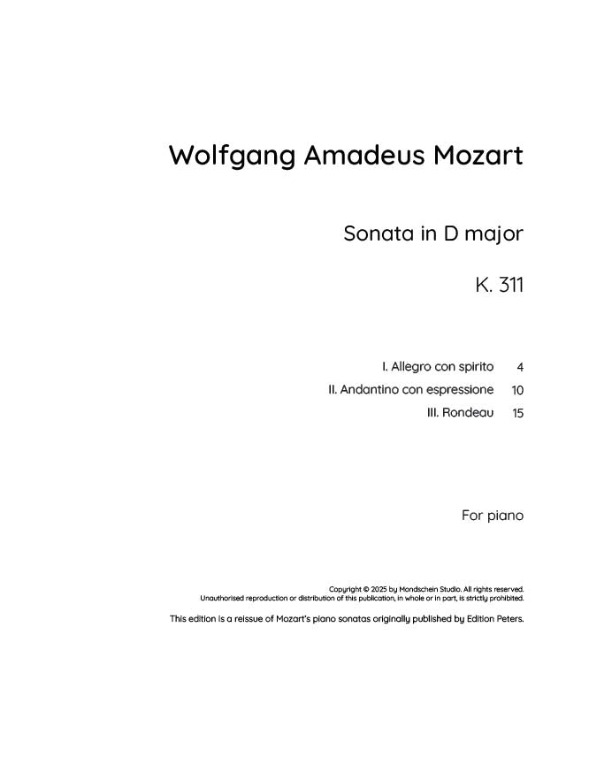 Mozart - Piano Sonata No. 9 in D major, K311 (PDF Sheet Music / Digital Download)