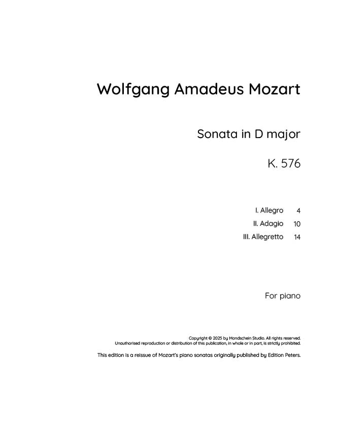 Mozart - Piano Sonata No. 18 in D major, K576 (PDF Sheet Music / Digital Download)