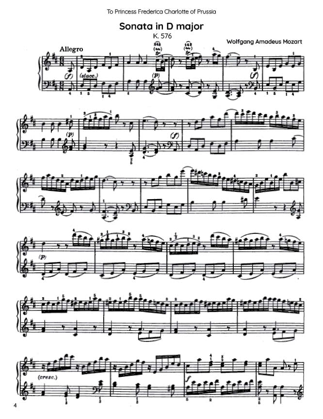 Mozart - Piano Sonata No. 18 in D major, K576 (PDF Sheet Music / Digital Download)
