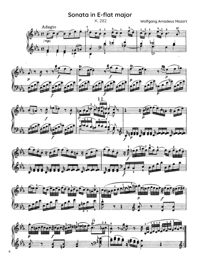 Mozart - Piano Sonata No. 4 in E-flat major, K282 (PDF Sheet Music / Digital Download)