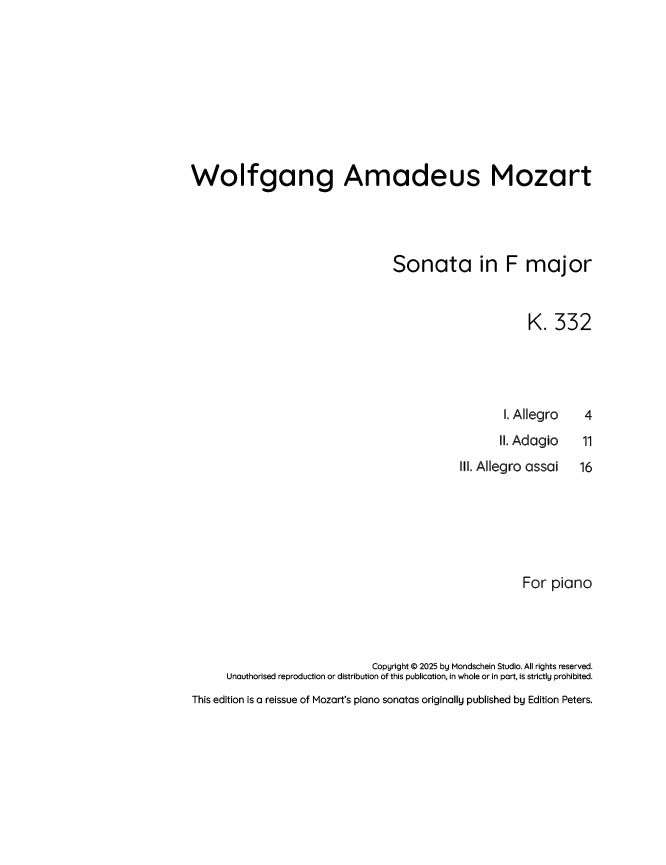 Mozart - Piano Sonata No. 12 in F major, K332 (PDF Sheet Music / Digital Download)