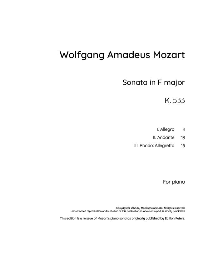 Mozart - Piano Sonata No. 15 in F major, K533 (PDF Sheet Music / Digital Download)