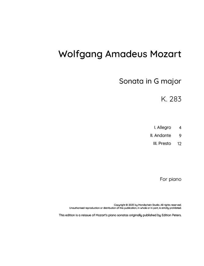 Mozart - Piano Sonata No. 5 in G major, K283 (PDF Sheet Music / Digital Download)