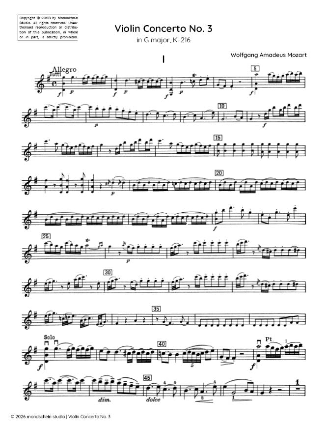 Mozart - Violin Concerto No. 3 in G major, K. 216 (PDF Sheet Music / Digital Download)
