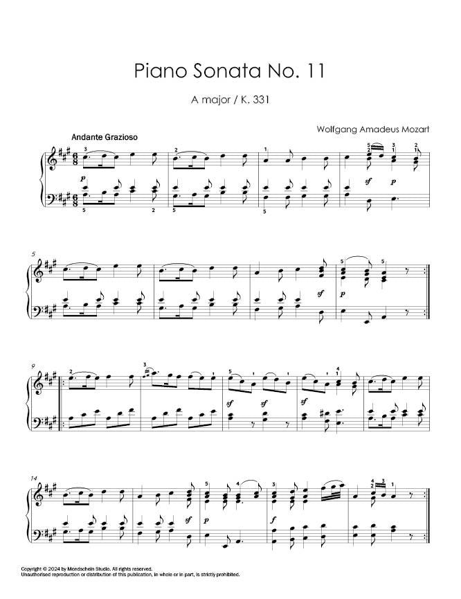 Mozart - Piano Sonata No. 11 in A major, K. 331 (PDF Sheet Music / Digital Download)