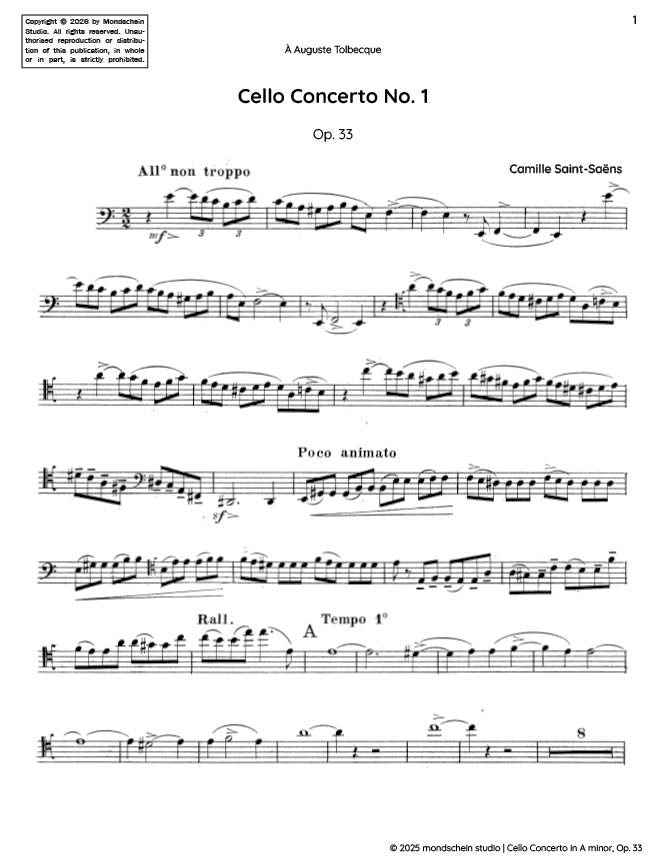 Saint-Saëns - Cello Concerto No. 1 in A minor, Op. 33 (PDF Sheet Music / Digital Download)