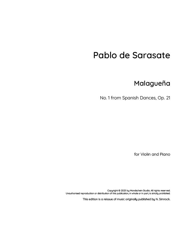 Sarasate - Malagueña for Violin and Piano from Spanish Dances, Op. 21 (PDF Sheet Music / Digital Download)