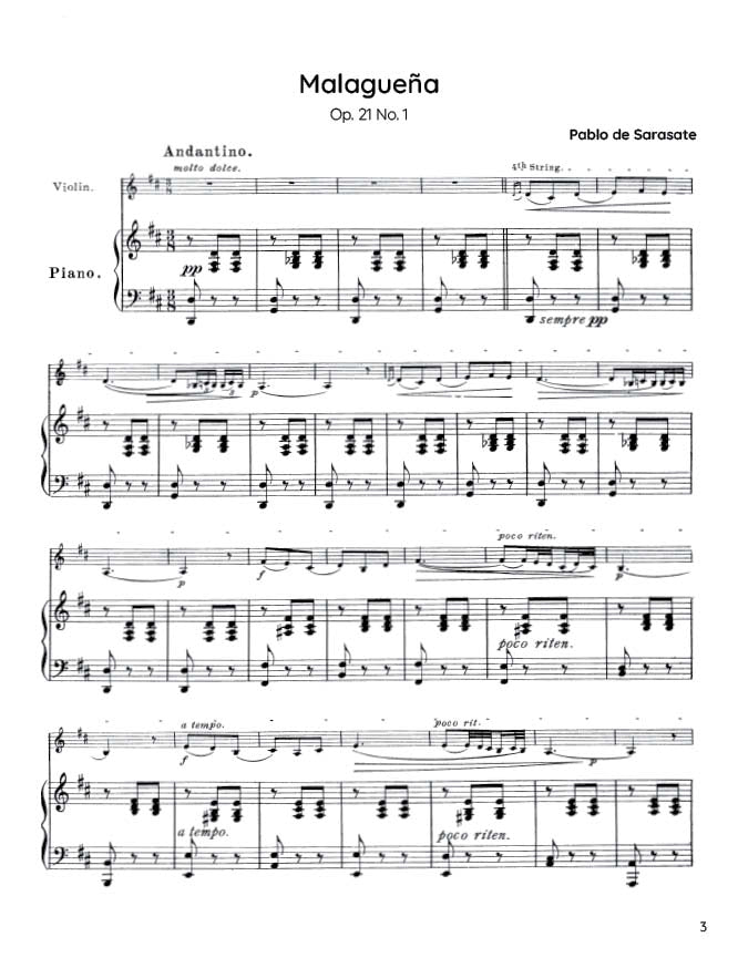 Sarasate - Malagueña for Violin and Piano from Spanish Dances, Op. 21 (PDF Sheet Music / Digital Download)