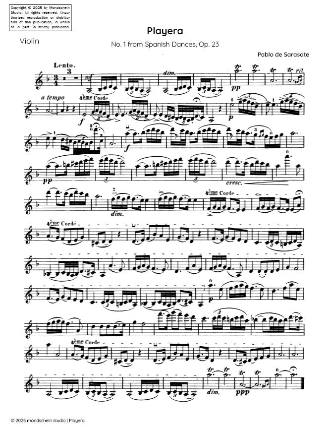 Sarasate - Playera for Violin and Piano from Spanish Dances, Op. 23 (PDF Sheet Music / Digital Download)