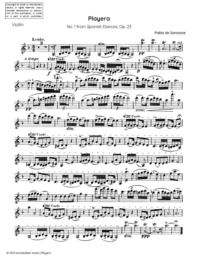 Sarasate - Playera for Violin and Piano from Spanish Dances, Op. 23 (PDF Sheet Music / Digital Download)