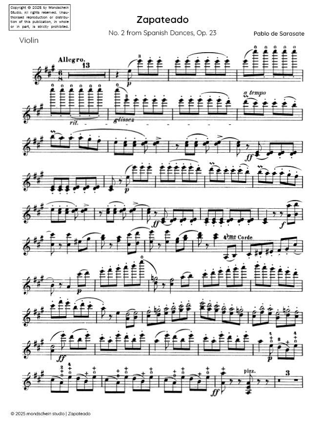 Sarasate - Zapateado for Violin and Piano from Spanish Dances, Op. 23 No. 2 (PDF Sheet Music / Digital Download)