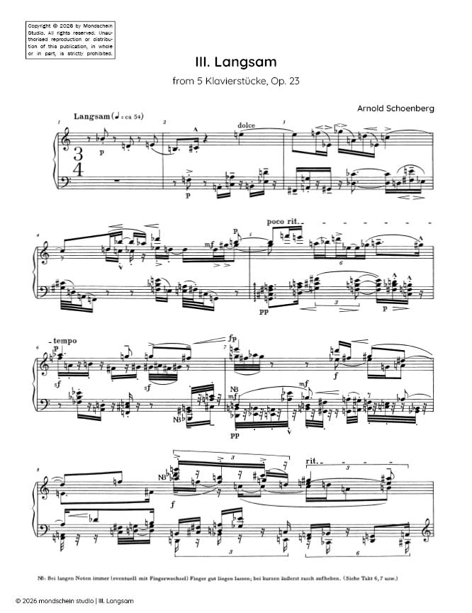 Schoenberg - III. Langsam from 5 Klavierstücke, Op. 23 (PDF Sheet Music / Digital Download)