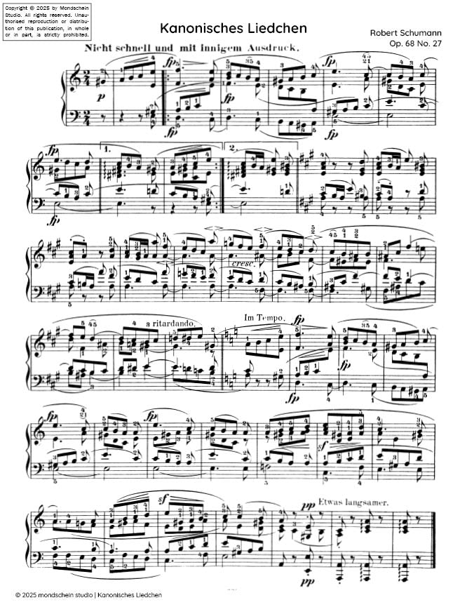 Schumann - Kanonisches Liedchen No. 27 from Album für die Jugend, Op. 68 (PDF Sheet Music / Digital Download)