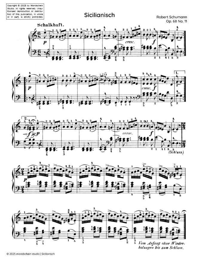 Schumann - Sicilianisch No. 11 from Album für die Jugend, Op. 68 (PDF Sheet Music / Digital Download)