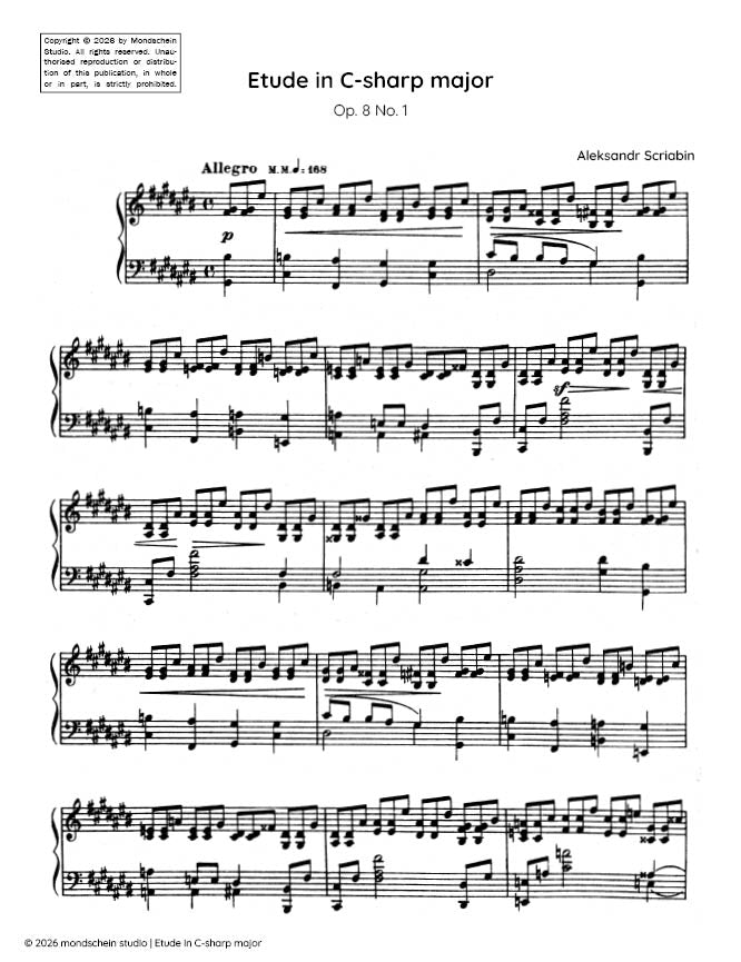 斯克里亚宾 - 升C大调练习曲,作品8号之1 (PDF乐谱 / 数字下载)