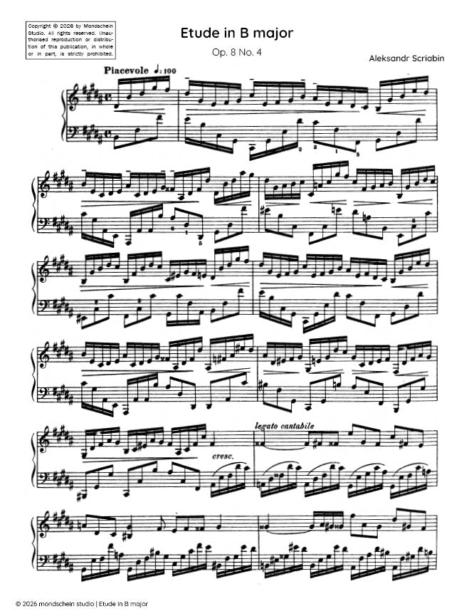 斯克里亚宾 - B大调练习曲,作品8号第4首(PDF乐谱/数字下载)