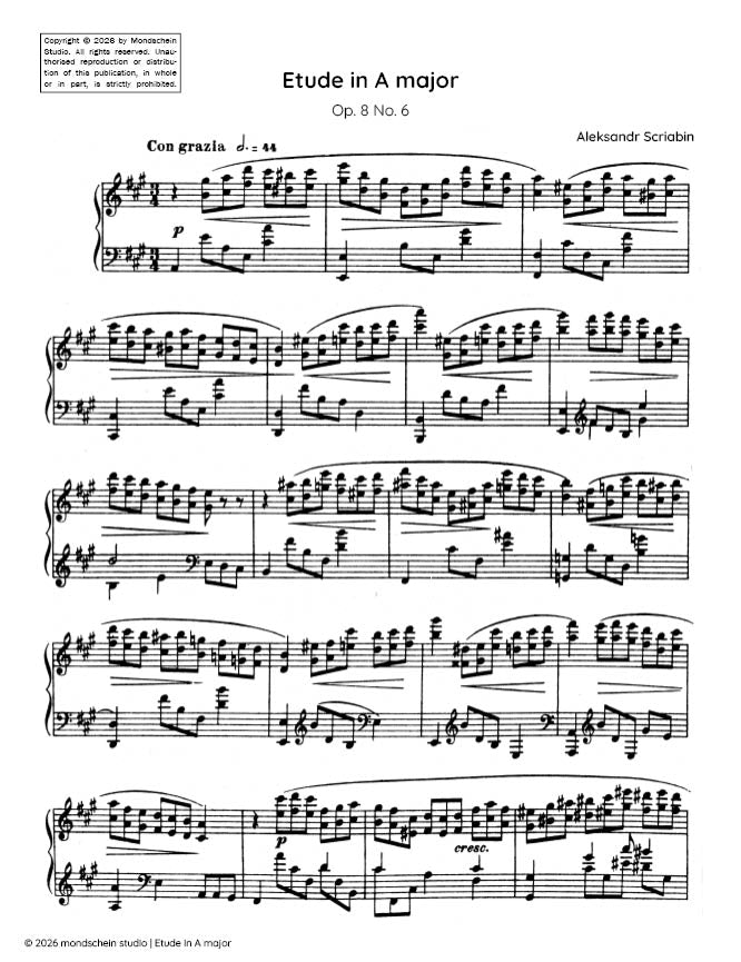 斯克里亚宾 - A大调练习曲,作品8第6号(PDF乐谱/数字下载)