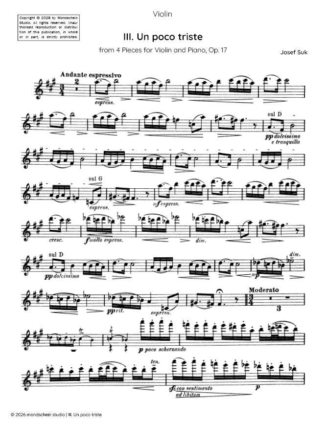 Suk - Un poco triste, Op. 17 No. 3 (PDF Sheet Music / Digital Download)