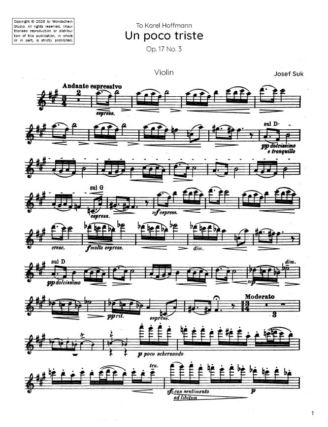Suk - Un poco triste, Op. 17 No. 3 (PDF Sheet Music / Digital Download)